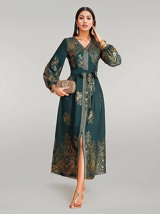 فستان أخضر مع تطريز ذهبي لملابس حفلات العيد/رمضان