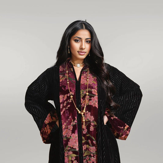 Casual Black Abaya with Floral Pattern
