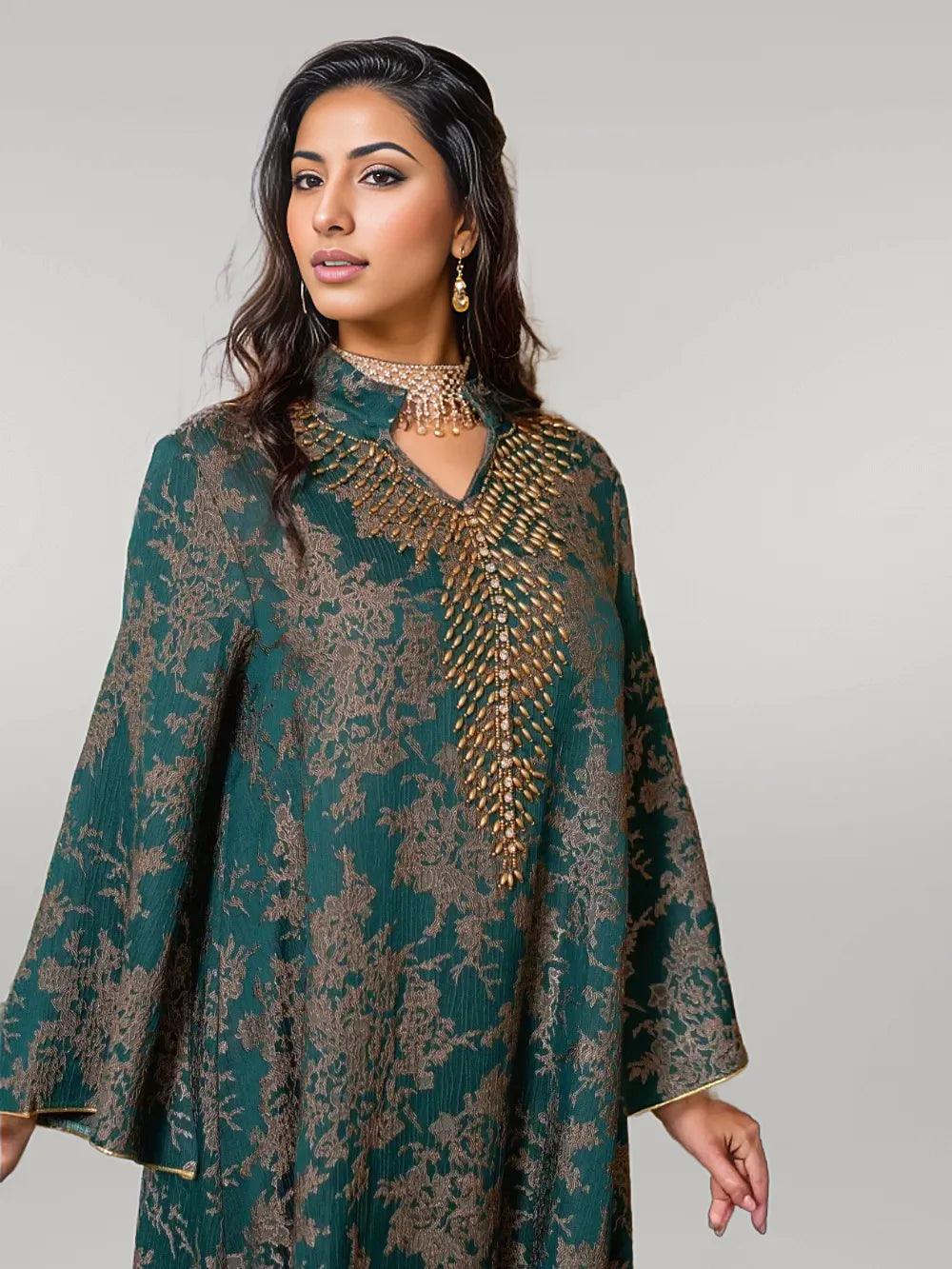 Luxury Kaftan with Beading Stand Collar and Sophisticated Work