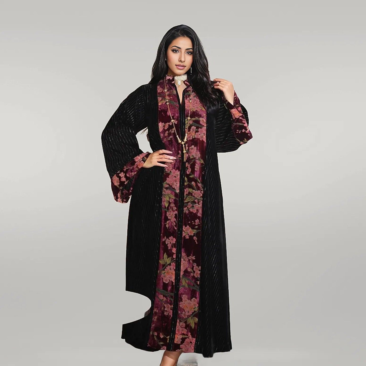 Casual Black Abaya with Floral Pattern